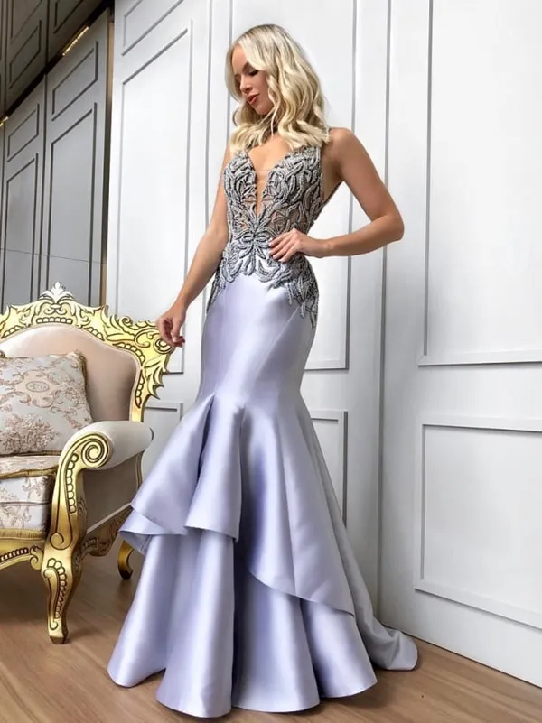 vestido longo prata bordado