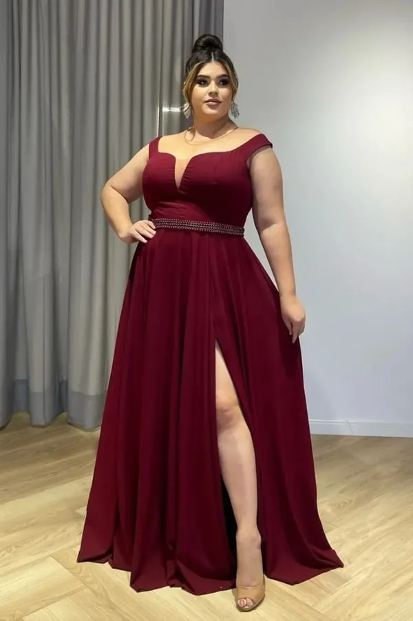 vestido de festa plus size marsala para madrinha de casamento