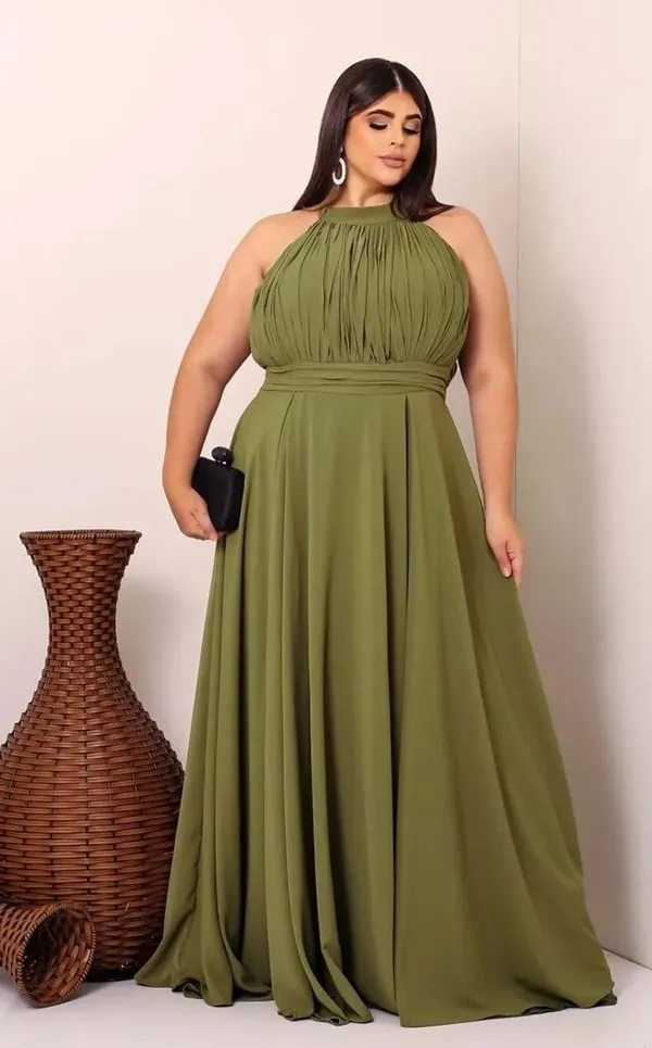 vestido de festa plus size verde oliva para madrinha de casamento