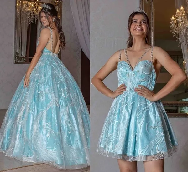 vestido 2 em 1 para debutante tiffany vestido estilo princesa com saia ampla e decote nas costas e vestido curto