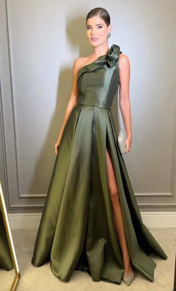 vestido longo verde oliva alfaiataria, vestido um ombro só para madrinha de casamento